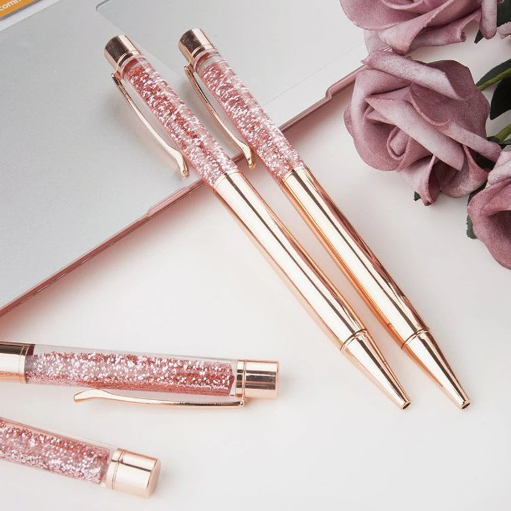 Crystal Ballpoint Pens Rose Gold Metal Pen Refills Bling Dynamic Liquid Sand Pen Black Ink for Office Supplies