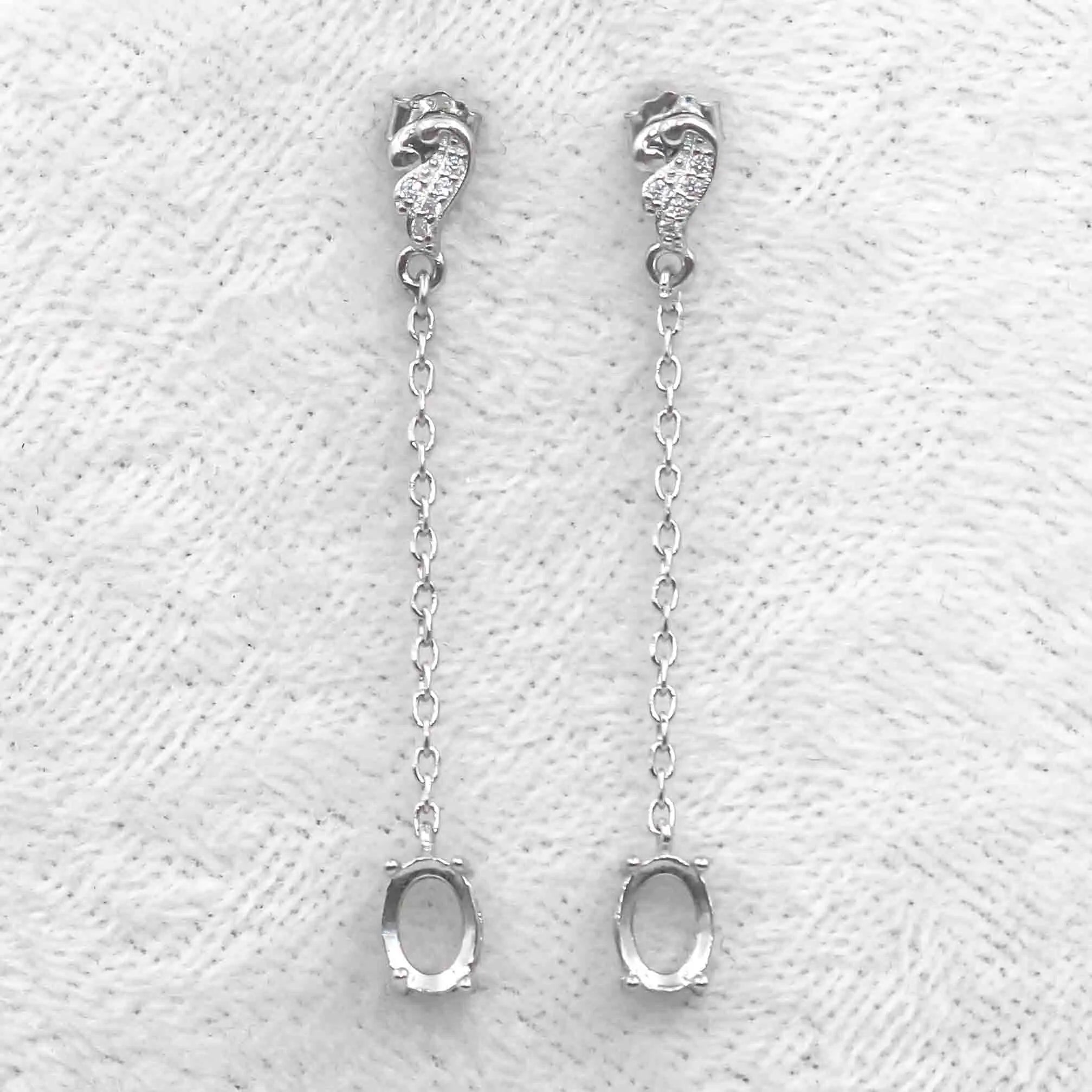 Sterling Silver 5*7mm Semi Mount Line Earrings Empty Support Blank Claws Setting S925 Base Without Center Stone for DIY Inlay