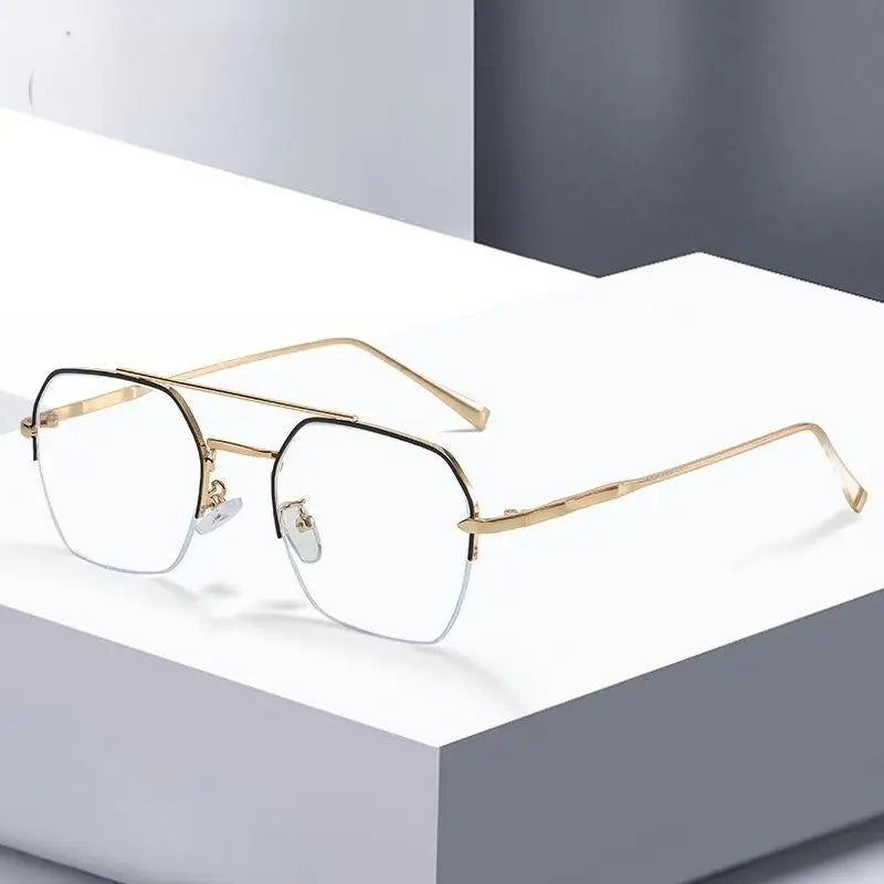 Sunway Eyewear Fashion Double Bridge Gold Metal Frame Men Half Rim Blue Light Blocking Glasses Frames