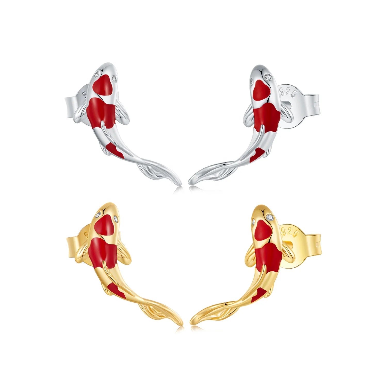New 925 Sterling Silver Koi Fish Red Carp Stud Earrings for Women Platinum Plated Inlaid with Shining Zircon Fashion Jewelry