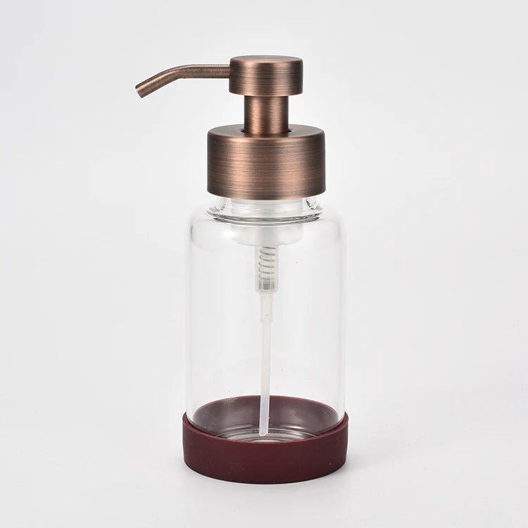 12oz Clear Glass Cylindrical Foaming Soap Dispenser With Red Bronze Foam Pump