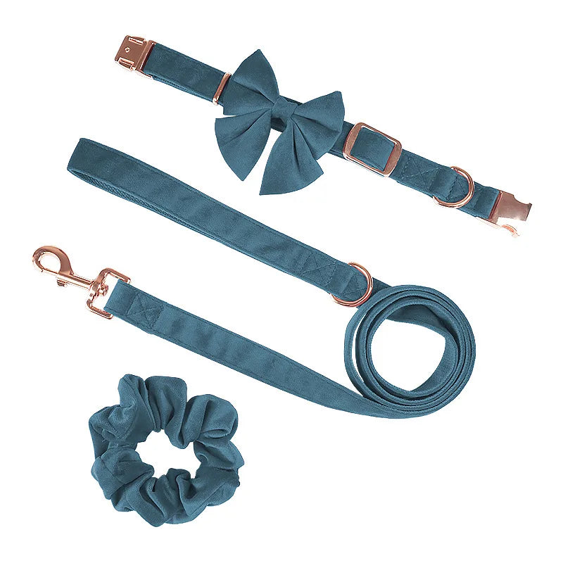 Luxury Velvet Dog Collar With Rose Gold Metal Buckle Dog Collar With Sailor Bow Tie Dog Lead