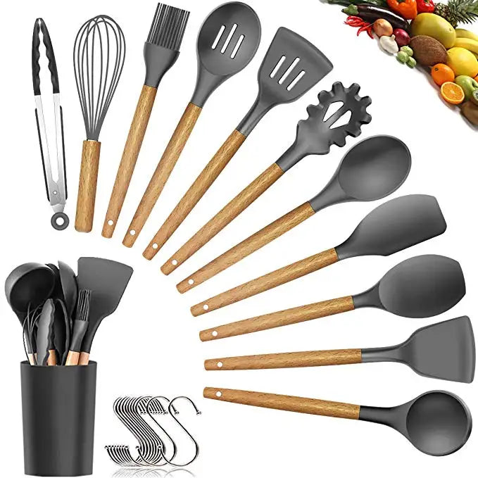Colorful Kitchen Utensil Set Custom Silicone Utensils Kitchen With Wooden Handle MegaBDM