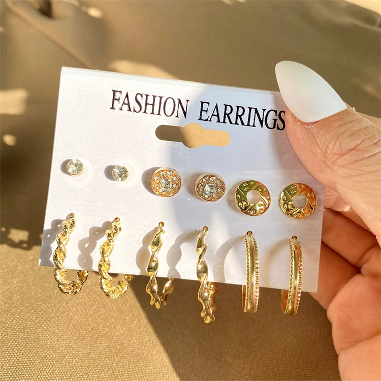 New Hot Selling Punk Geometric Gold Color Hoop Earrings for Women Metal Butterfly Snake Pearl Earings Set