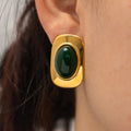 Classic Green Cat Eye Opal Shape Inlaid Waterproof Stainless Steel Stud Earrings 18k Gold Plated Fashion Jewelry Party Wedding