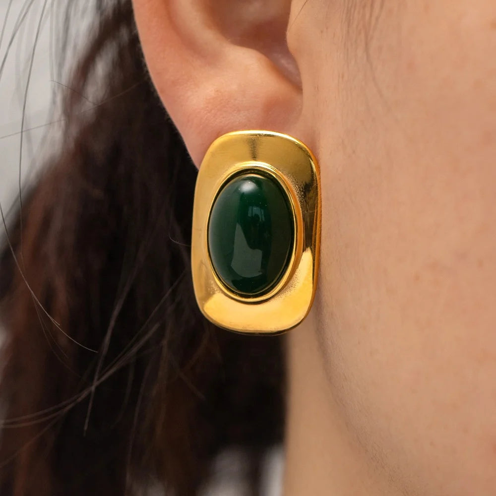 Classic Green Cat Eye Opal Shape Inlaid Waterproof Stainless Steel Stud Earrings 18k Gold Plated Fashion Jewelry Party Wedding