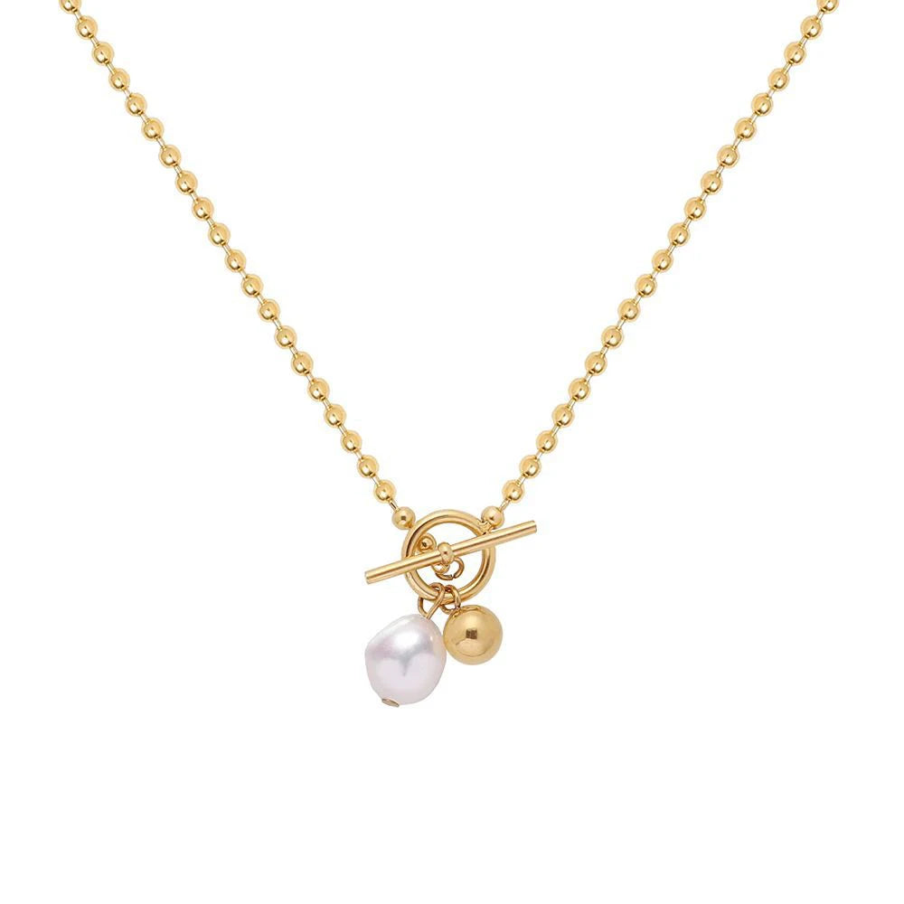 Minimalist 18k Gold Plated Stainless Steel Jewelry Toggle Clasp Chain Necklace OT Freshwater Pearl Pendant Necklace for Women