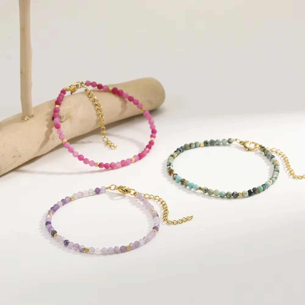 3mm Faceted Nature Stone Beaded Bracelet Fashion Stainless Steel Square Spacers Bracelet Jewelry for Women