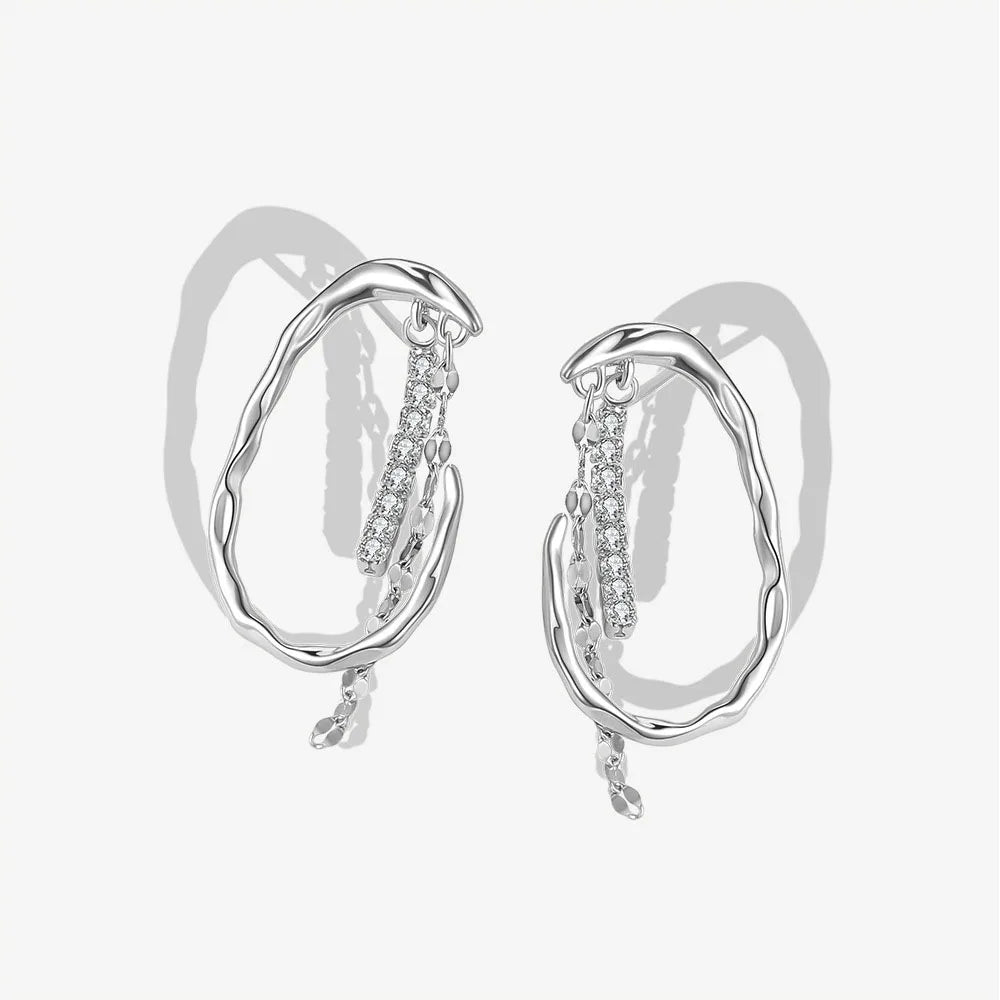 Silver Plated Irregular Convex C Shaped Zircon Link Tassel Women S925 Sterling Silver Stud Earrings