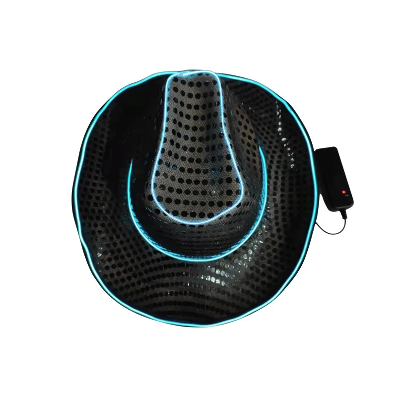 Factory Price  LED Flashing Light up El Wire Sequin Cowboy Hat Cap for Party Holiday Events