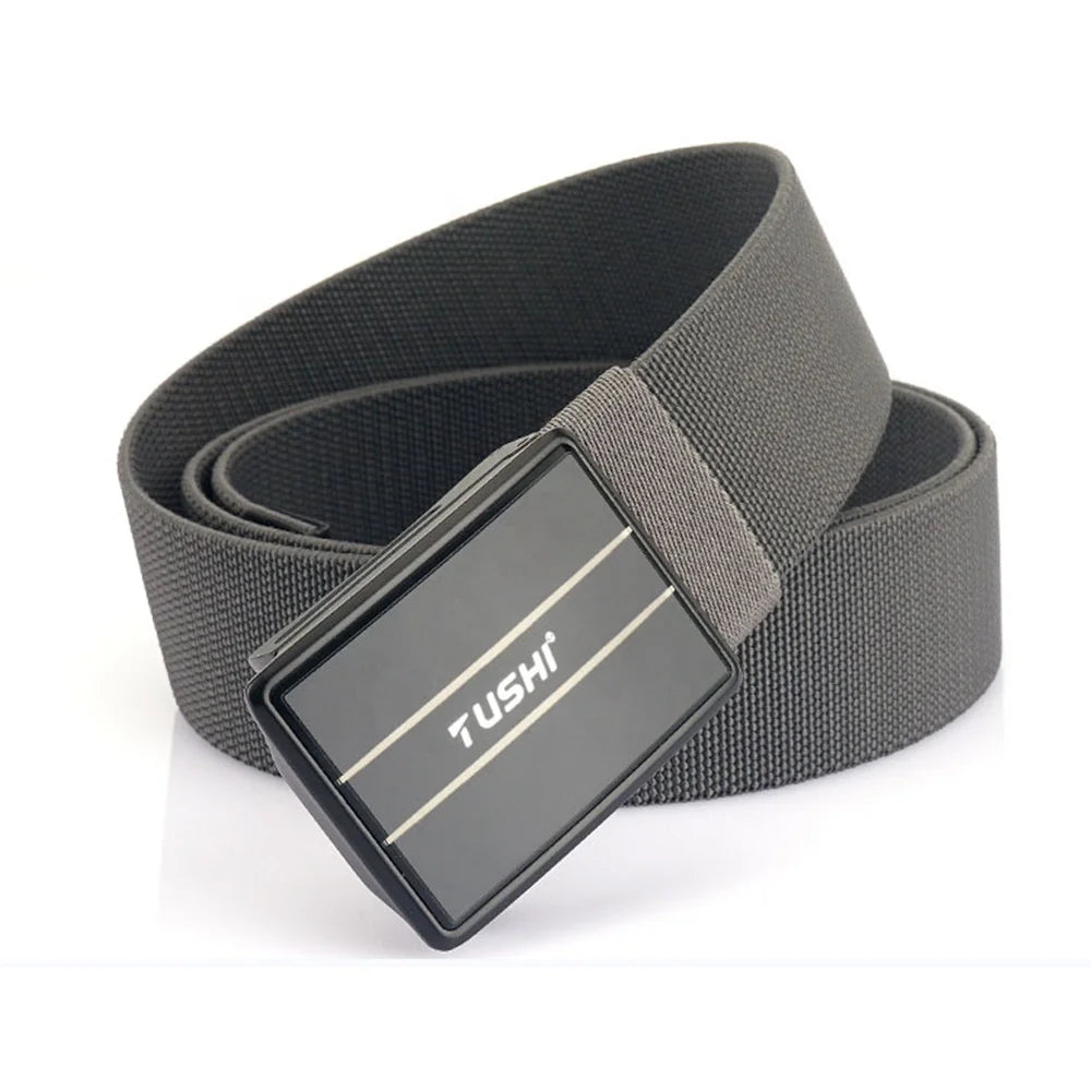 TUSHI Elastic Nylon Tactical Waist Belt Outdoor Sports Leisure Zinc Alloy Buckle Button 3.8CM Width 120CM Length Knitted