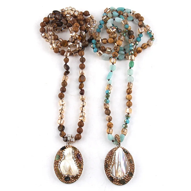 Fashion Women Bohemian Jewelry 6mm Natural Stone Crystal Glass Knotted Chip Tourmaline Baroque Pearl Pendant Necklace