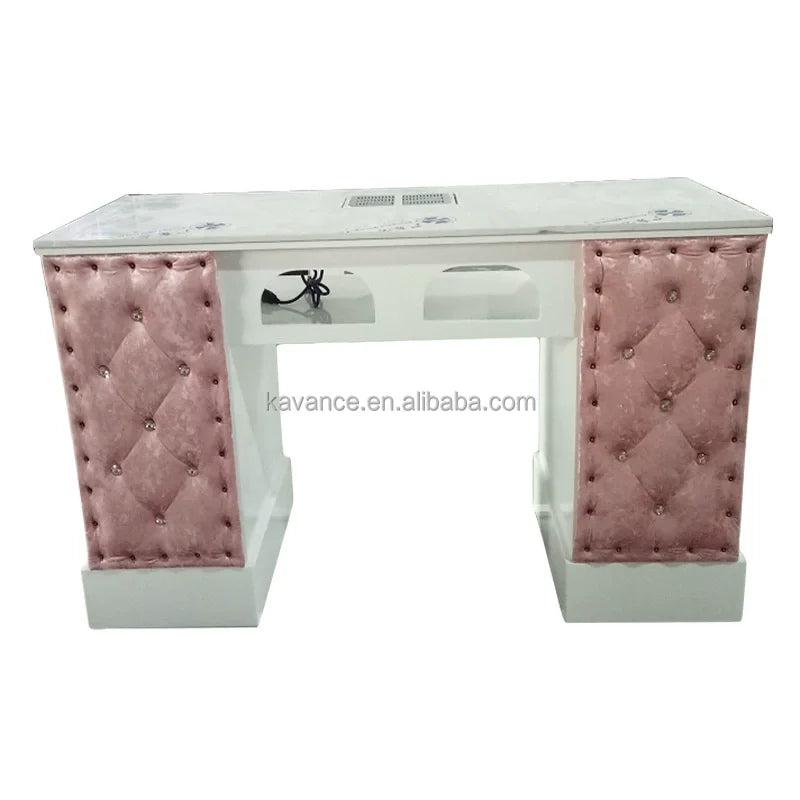 Modern Metal Salon Furniture Pink Leather Nail Table with Exhaust Fan and 300KGS Capacity for Nail Salons Use