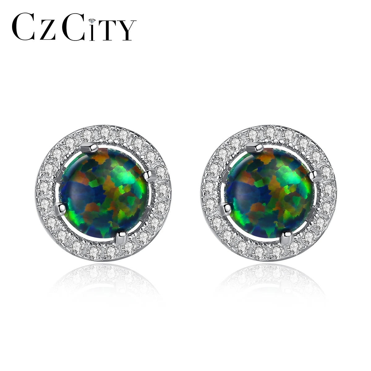 CZCITY Fine Jewelry Wholesale S925 Sterling Silver Gemstone Earring Round Treasure Opal 925 Silver Stud Earrings