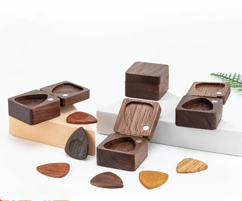 Black Walnut Guitar Wooden Pick Box Storage Case Holder Organizer with 3 Pcs Wooden Guitar Pick Box for Guitarist Musician