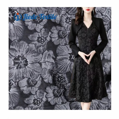 New Design Peony Floral Pattern Black Polyester Textured Yarn Dyed 3D Jacquard Fabrics for Dress Garment