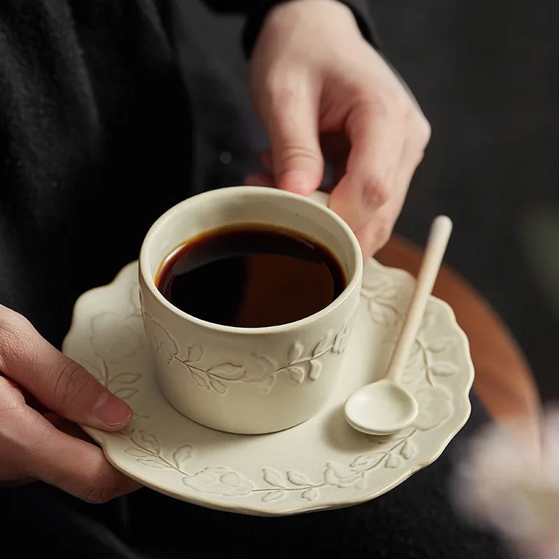 Creative Stoneware Coffee Cup and Saucer Retro Relief Afternoon Tea Cup