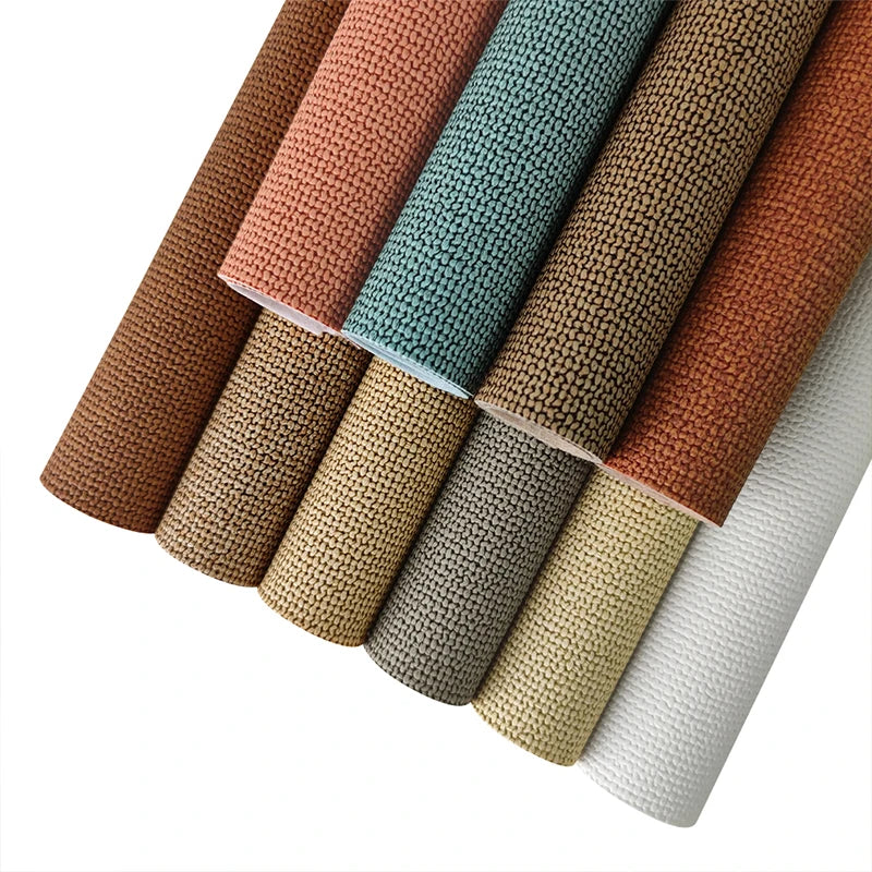High Quality PU Faux Leather Imitated Knit Linen Pattern Embossed Design Plain Solid Color Soft Artificial Chunky Sofa Furniture