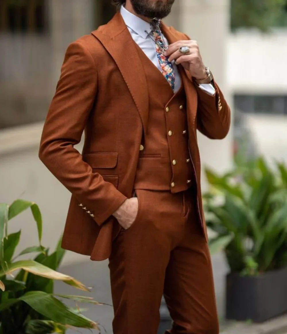 Brown Fashion Formal Men's Suits for Wedding Party Custom Made Blazer Sets Bridegroom 3-Piece Jacket+Pants+Vest Costume Homme