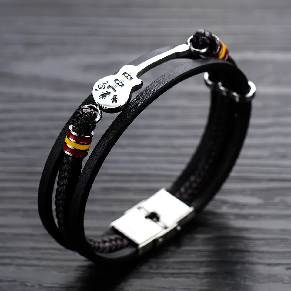 Punk Stainless Steel Men's Rock Music Guitar Braided Leather Bracelet for Men Hand Jewelry Bangle With Magnetic Clasp PH1322
