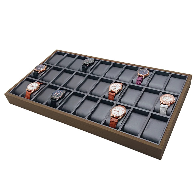 Large Capacity 30 Slot Black Walnut Wood Watch Display Trays With Nice Leather Interior