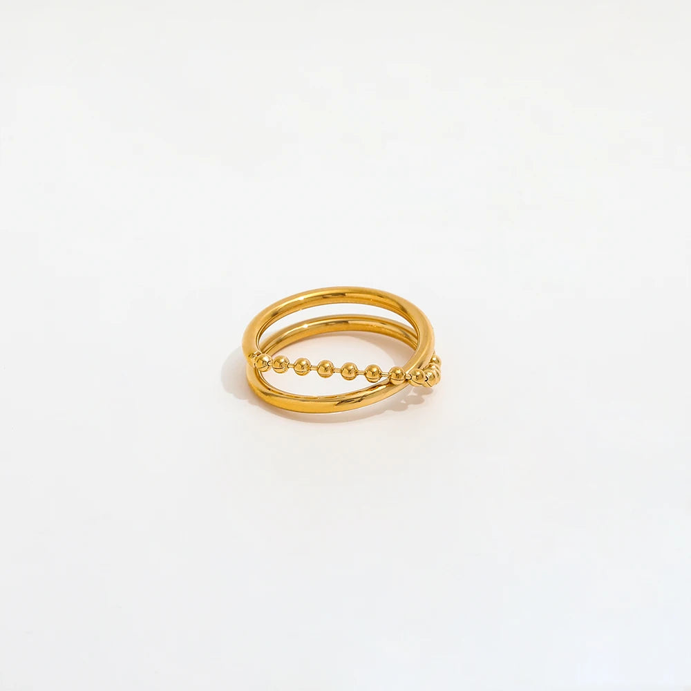 High End 18K PVD Gold Plated Double-layer Beads Rings Stainless Steel Women Rings Tarnish Free Jewelry