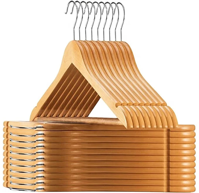 Wholesale Natural Non slip Solid Wood Hangers with Chrome Hooks Wooden Clothes Hangers for Closet Space Saving Heavy Duty