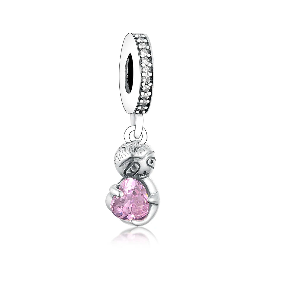 925 Silver My Heart Always With You Sloth Pink Zircon Heart Pendant Beads Charm Fit Original Brand Charms Bracelets Jewelry