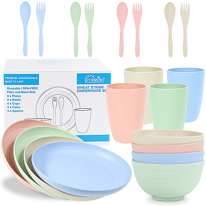 New Sinoge Design 28pcs Eco Friendly Unbreakable Dinnerware Set Wheat Straw Cutlery Cups Bowl Plate Dinnerware Sets