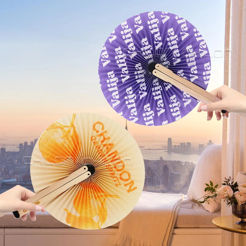 Round Shaped Folding Handheld Paper Hand Fans with Plastic Handle for Wedding Birthday Party Favors