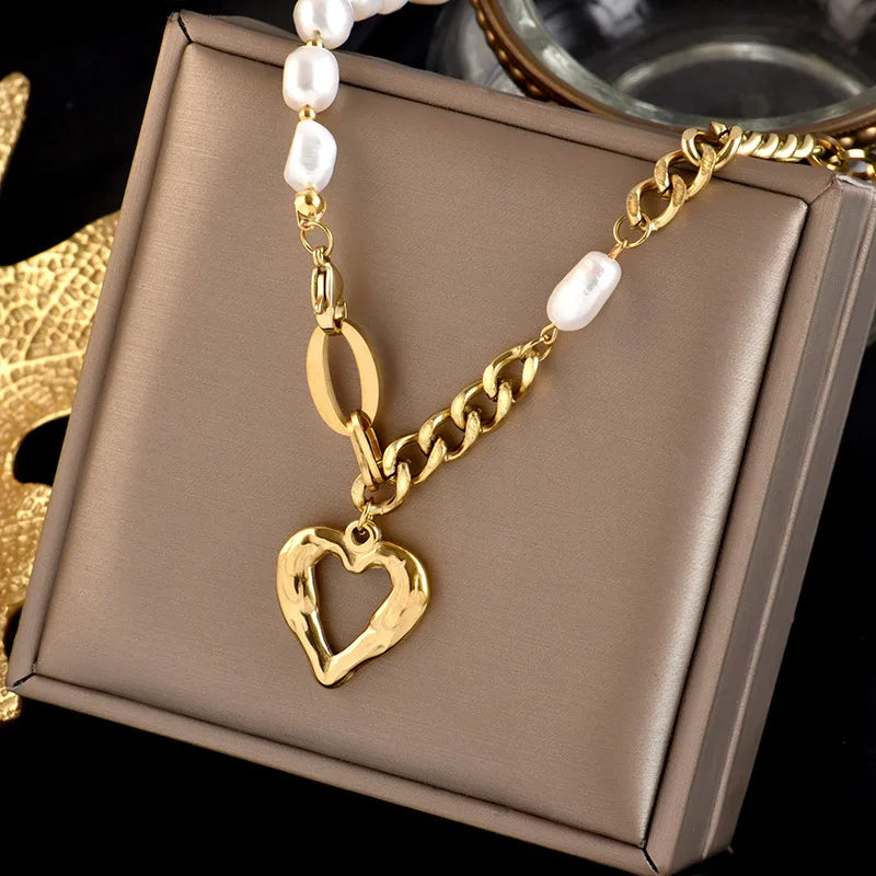 Wholesale New Non Tarnish Stainless Steel 18k Gold Plated Pearl Heart Pendant Jewelry Women Necklace