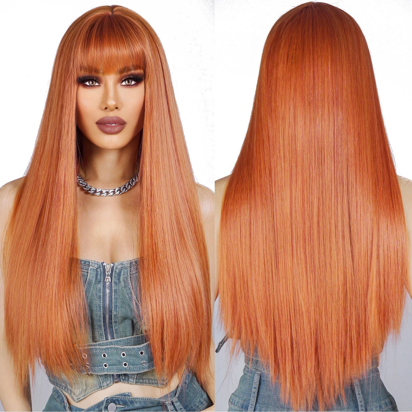 Factory Fast Delivery Orange Ginger Long Straight Cosplay Synthetic Wigs with Bangs for White Women Afro Natural Heat Resistant