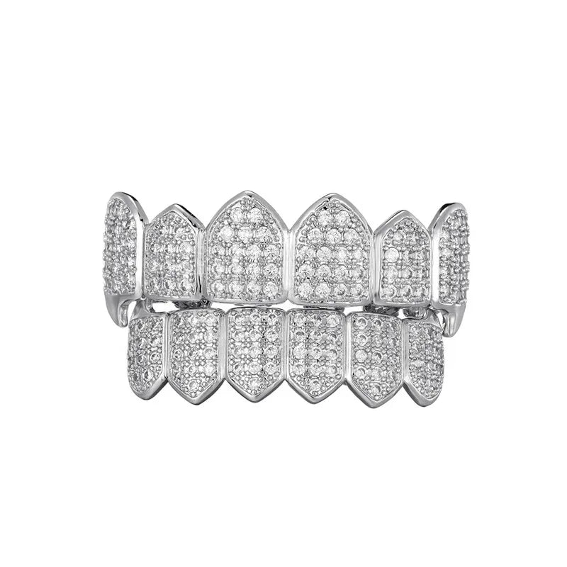 White Gold 925 Silver Plated Hip Hop Teeth Grill Iced Out Full of Diamond CZ Stone Micro Paved Men Top Bottom Grillz Bling Set