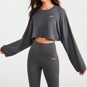 F240090 Custom Logo Women Trendy Workout Breathable Yoga Long Sleeve Crop Top Women Two Pieces Loose T-Shirt Legging Yoga Set