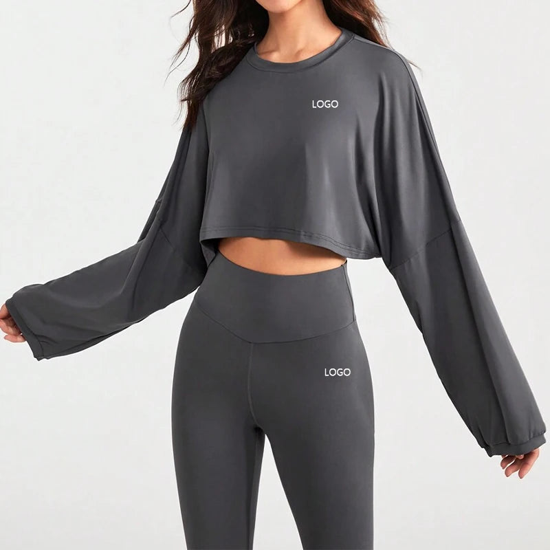 F240090 Custom Logo Women Trendy Workout Breathable Yoga Long Sleeve Crop Top Women Two Pieces Loose T-Shirt Legging Yoga Set