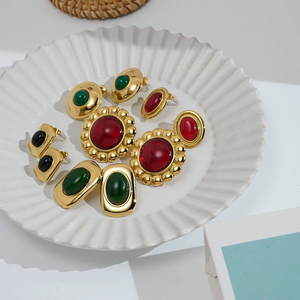 Vintage 18K Gold Plated Stainless Steel Jewelry Agate Semi-stone Sunflower Stud Earring Waterproof for Woman Earrings E251677