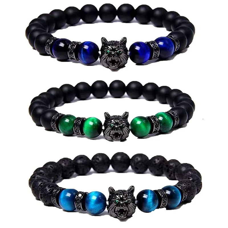 Men's Energy and Courage Bracelet with Natural Blue Tiger Eye Stone Beads and Black Wolf Head Charm Fashionable Jewelry Gift
