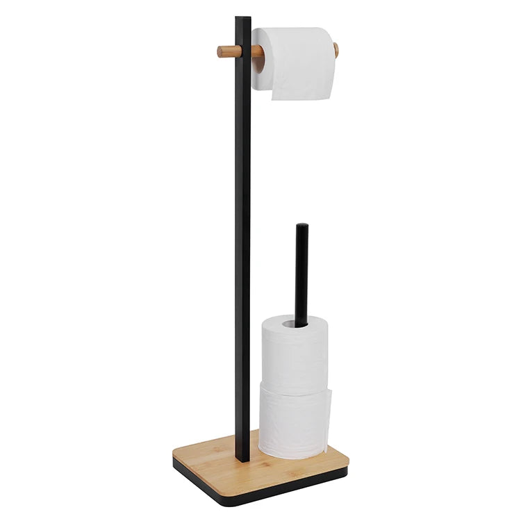 Bathroom Bamboo Toilet Paper Tissue Roll Holder Rack Stand  Toilet Brush Standing Floor Stand Toilet Brush and Paper Holder Set
