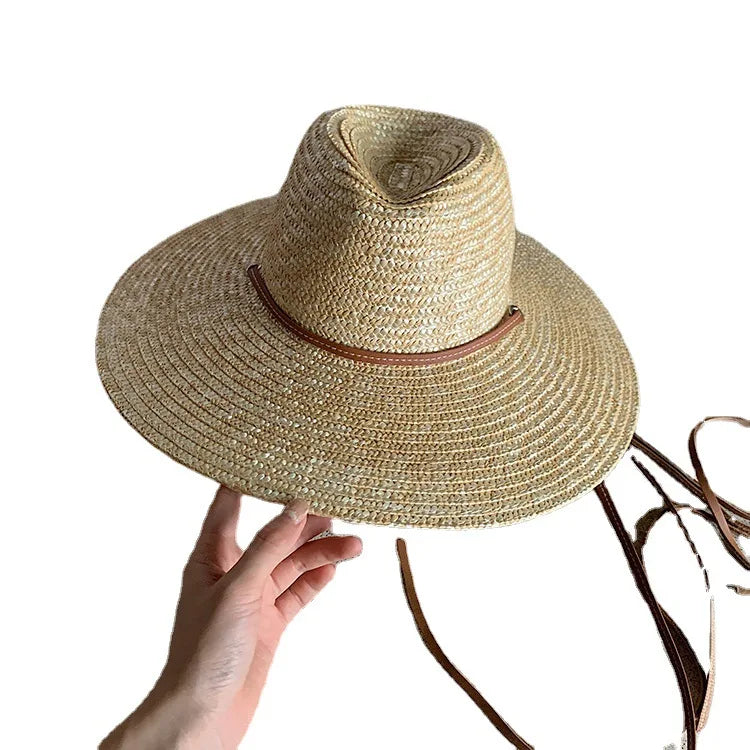 WoZhen Premium Quality Panama Windbreak Wide Brim Caps Cowboy Straw Hat With String Women Men