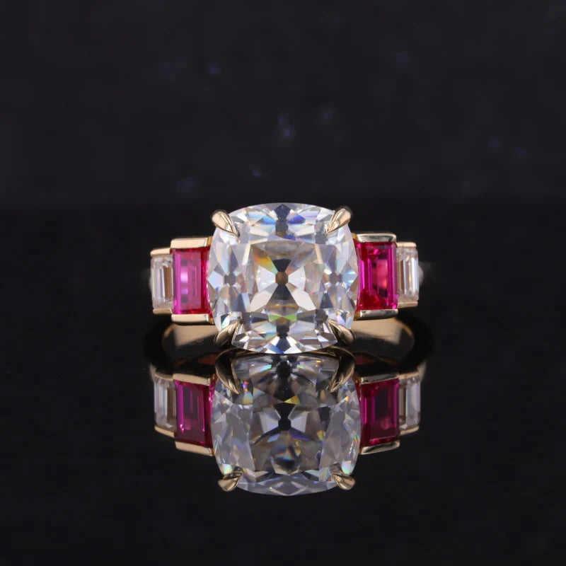 Starsgem Custom Jewelry OMC Cushion Shape D VVS Moissanite 9K Yellow Gold With Lab Ruby Gemstone Engagement Rings