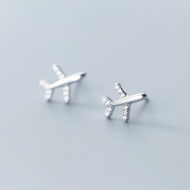 100% 925 Real Sterling Sweet Plane Airplane CZ Stud Earrings Gift for Women Girls Kids Lady Jewelry
