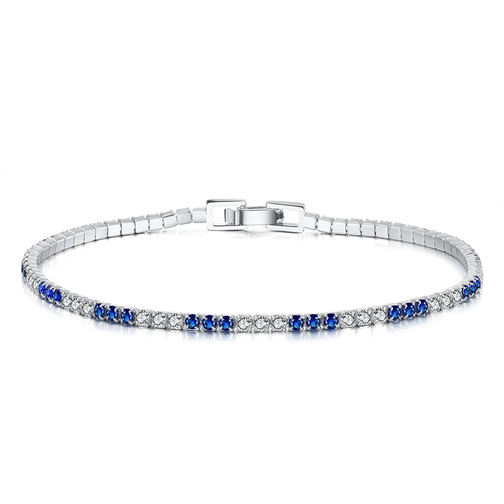RINNTIN SB117 Women's Deluxe 925 Sterling Silver 2.0mm Blue & White Cubic Zirconia Tennis Bracelet