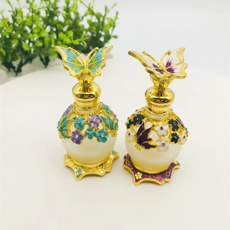Chinese Factory 15ml Blue Purple Luxury Enamel Arabic Metal Spray Perfume Bottles Fancy Attar Bottles with Buttfly