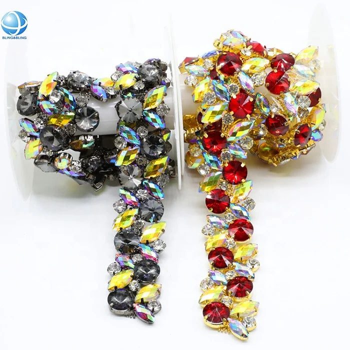 Fashion Accessories AB Colorful Glass Crystal Chain Hand-sewing Flatback Trimming for Clothes Decorator