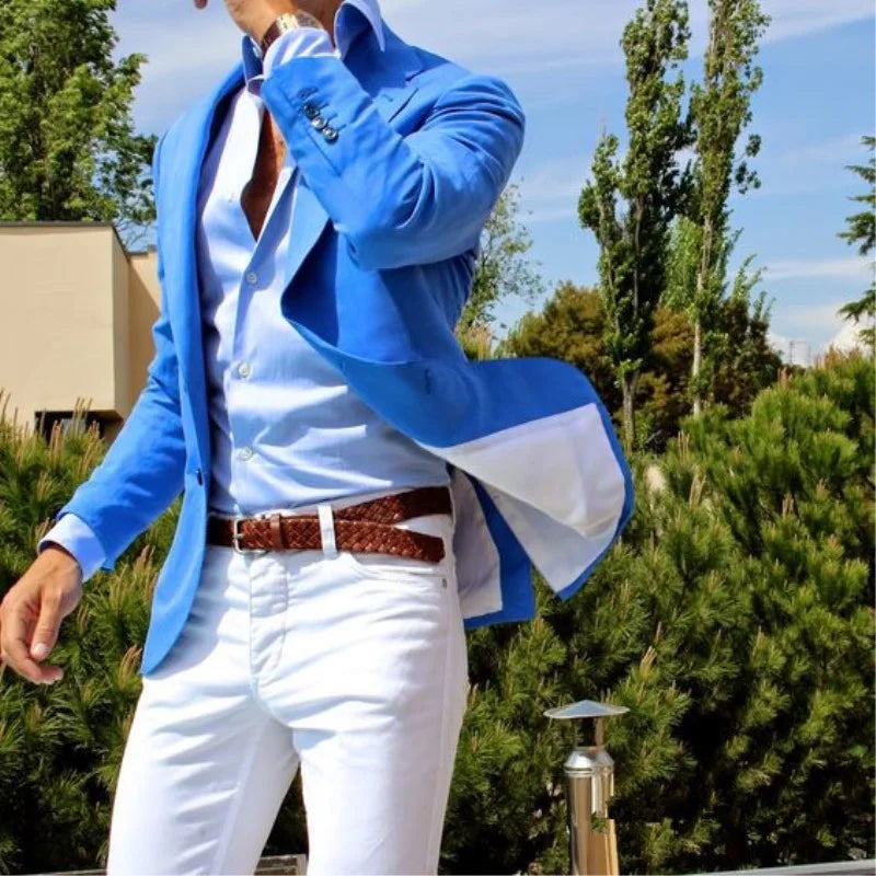 Fashion 2 Pieces Blue Jacket White Pants Fashion Casual 2 Piece Sets Suit for Men YF029