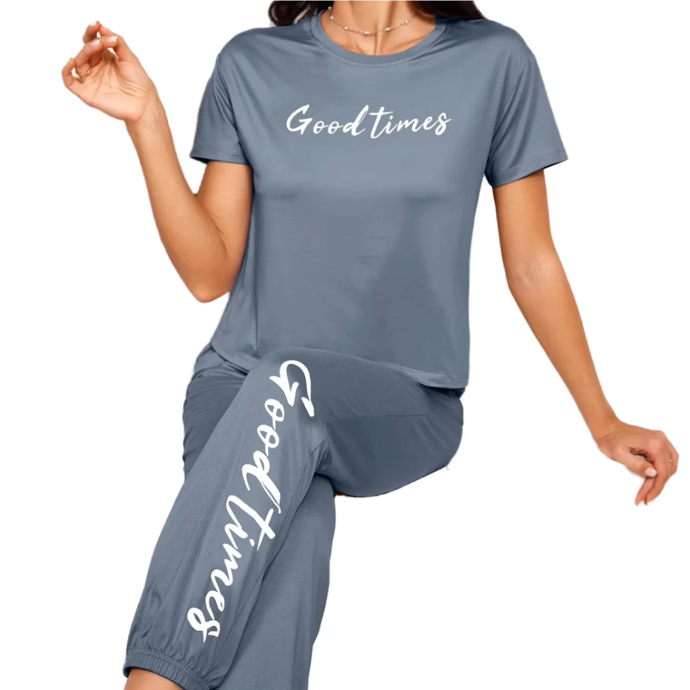 XYKrissas Good Times Letter Print Women Lounge Wear Set Casual Style Spring Sleepwear Short Sleeve Pajama Set