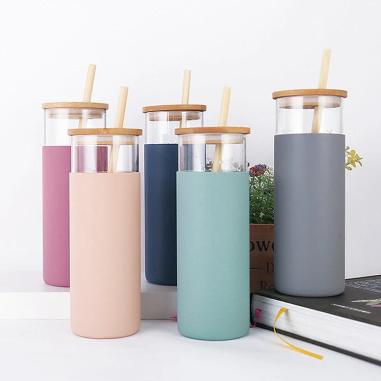Manufacturer Wholesale Hot Selling Type Sleeve Borosilicate Glass Bottle With Bamboo Lid Straw