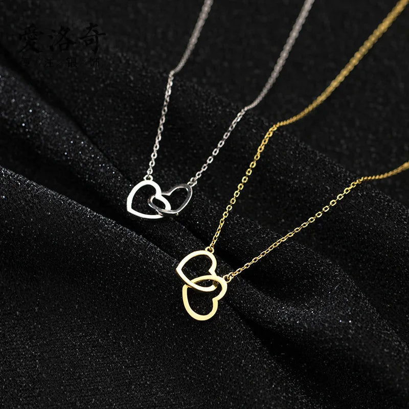 Fashion 925 Sterling Silver Necklace Simple Hollow Two Double love Hearts Gold Plated Necklaces Women Valentine's Day Gifts