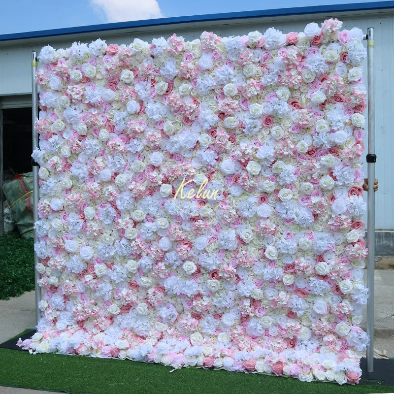 KE-WA009 Wholesale Wedding 5d 3d 8*8ft Artificial Rose Wall Flower Decor Backdrop Wall Roll up Silk Flower Wall Decoration