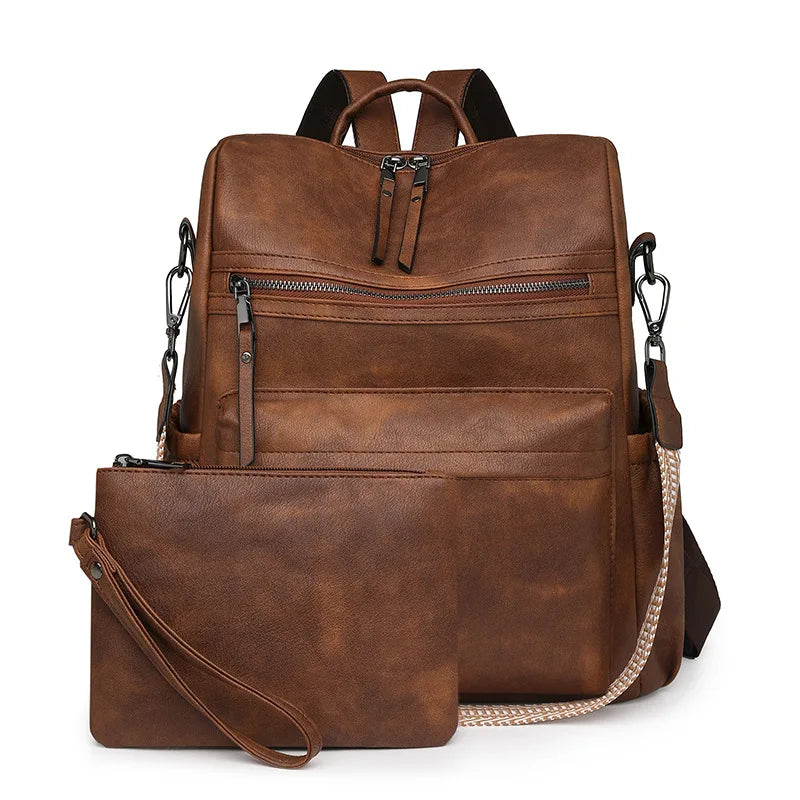 Trendy Multi-functional Large Capacity Women Backpack Vintage Convertible College School Bag With Wristlet Purse